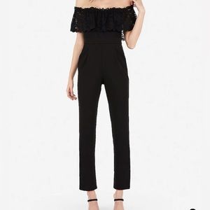 Express Off The Shoulder Lace Bodice Jumpsuit in Pitch Black